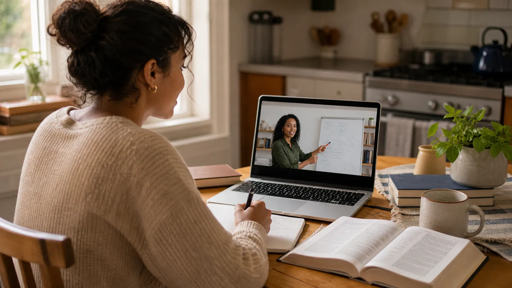 Student studying at home while watching an online lesson